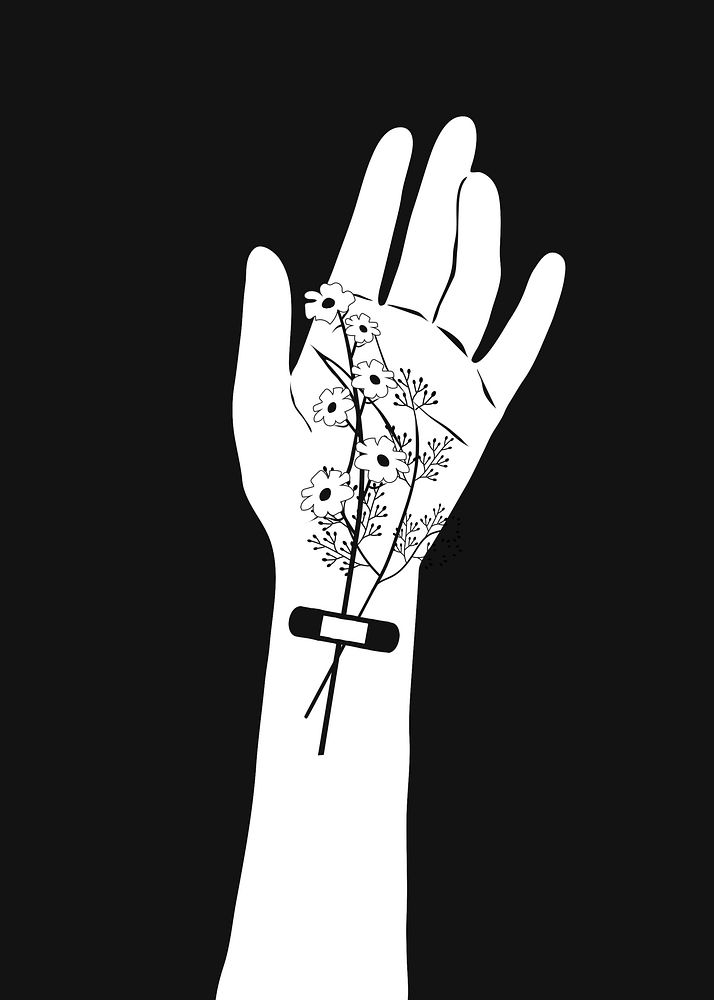 Hand raised clipart, black and white flower design vector