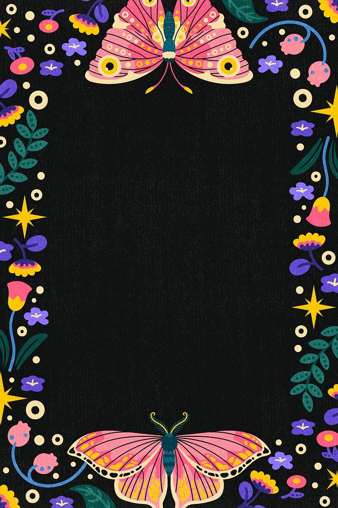 Butterfly frame, black background, aesthetic animal illustration psd