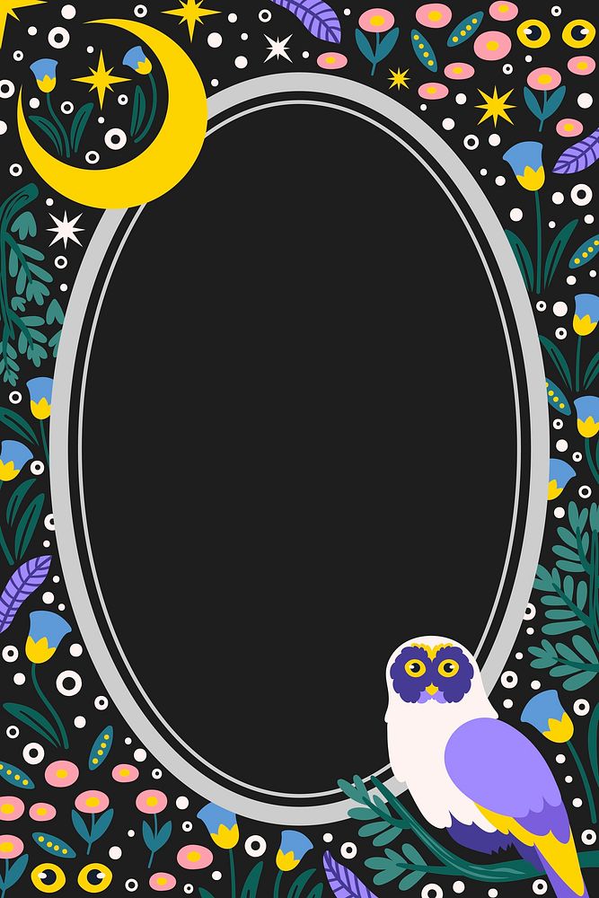 Aesthetic owl frame, black background, cute animal illustration vector