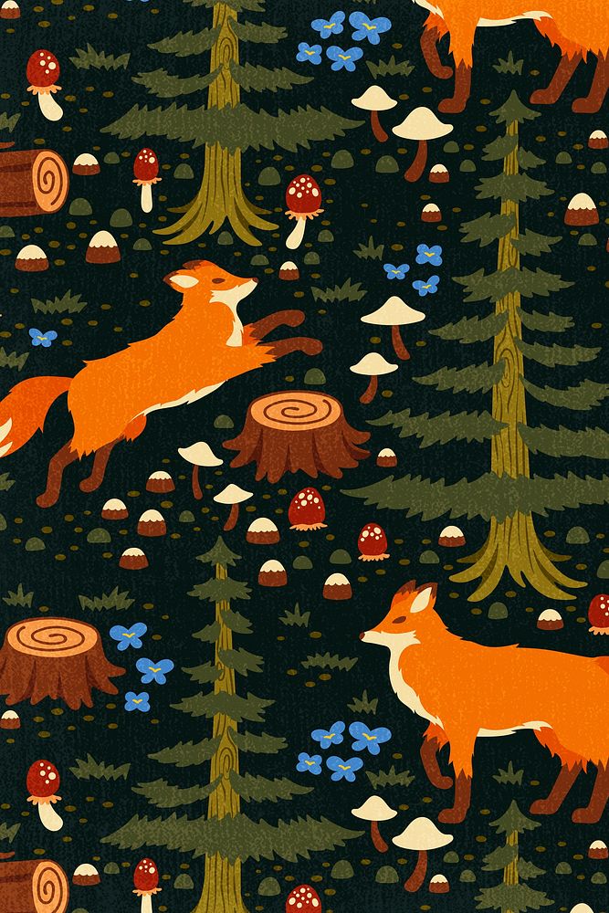 Aesthetic fox pattern background, animal illustration psd