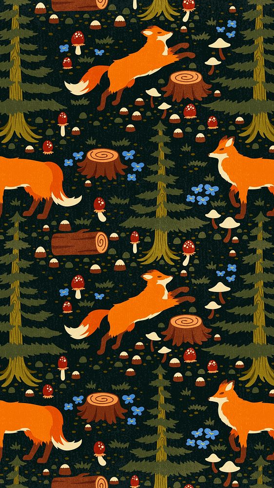 Fox pattern phone wallpaper, cute fairytale animal cartoon design