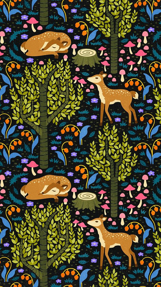 Fairytale forest pattern phone wallpaper, cute fairytale animal cartoon design