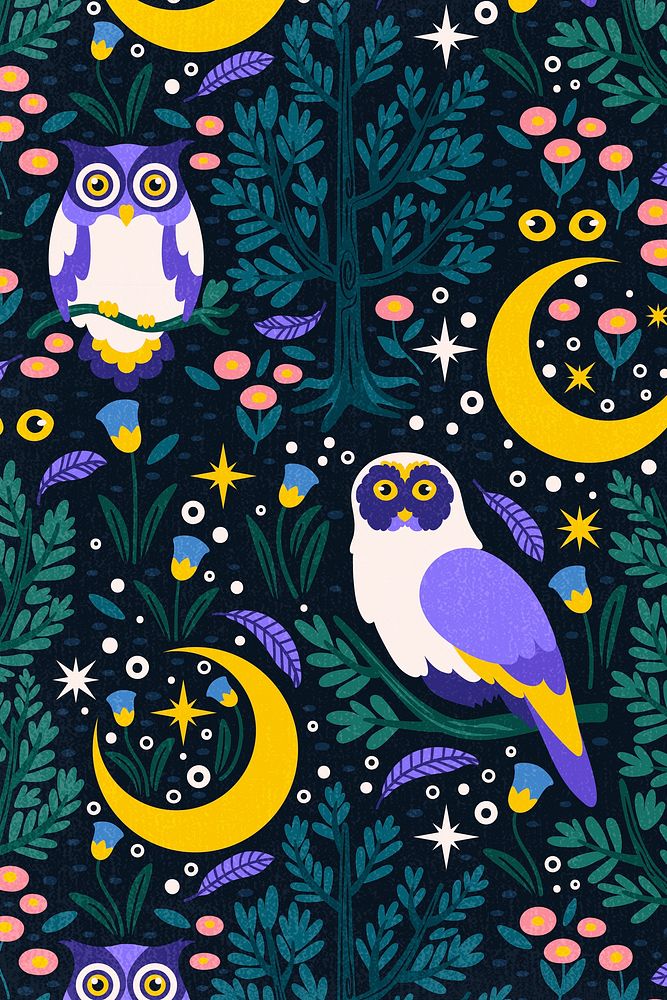 Colorful owl pattern background, animal illustration psd