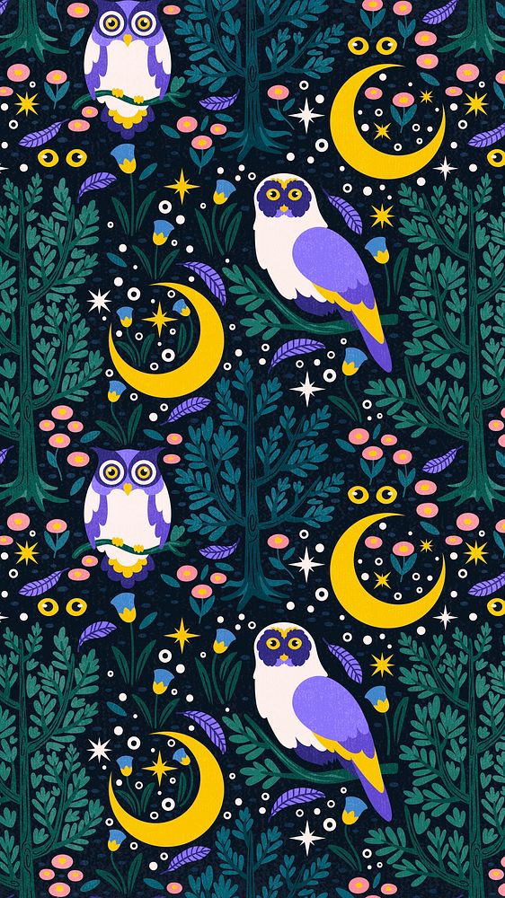 Owl pattern mobile wallpaper, cute fairytale animal cartoon design