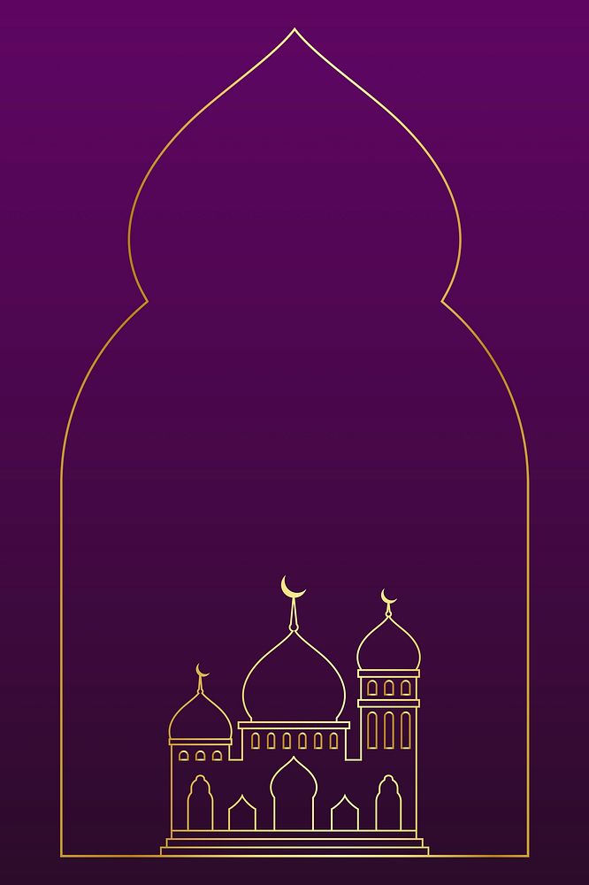 Ramadan frame, golden line art on dark purple background