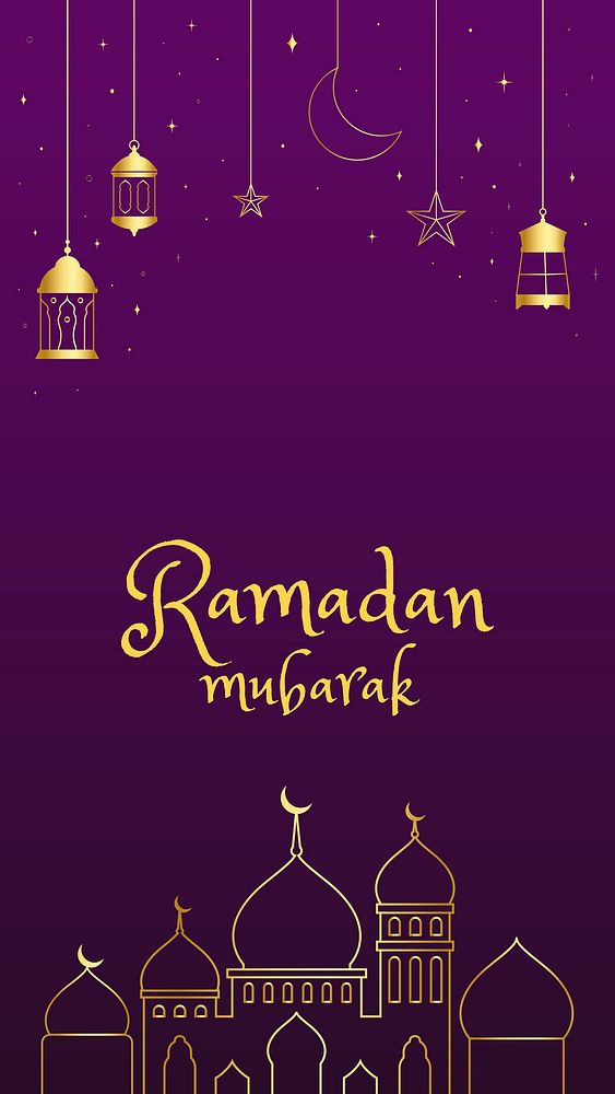 Golden Ramadan mobile template line art, aesthetic design on dark purple background vector