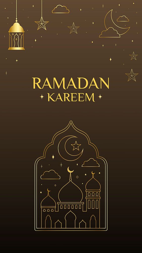 Golden Ramadan mobile template line art, aesthetic design on dark tone background vector