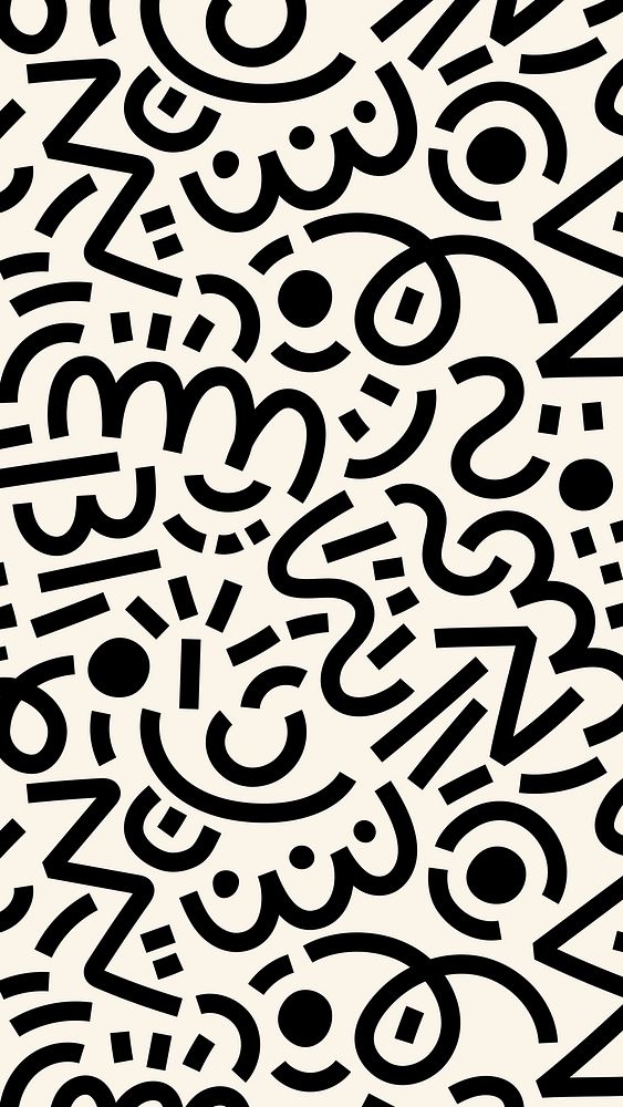 Phone wallpaper Memphis pattern, black & white doodle design