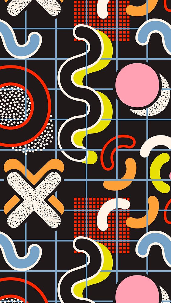 iPhone wallpaper Memphis pattern, colorful doodle design