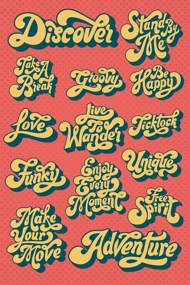 Yellow funky bold stylized font sticker set on a red background vector