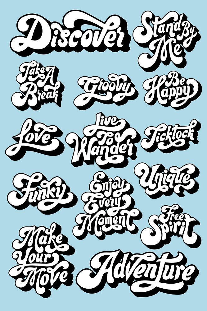 Black and white funky bold script font sticker set on a blue background vector