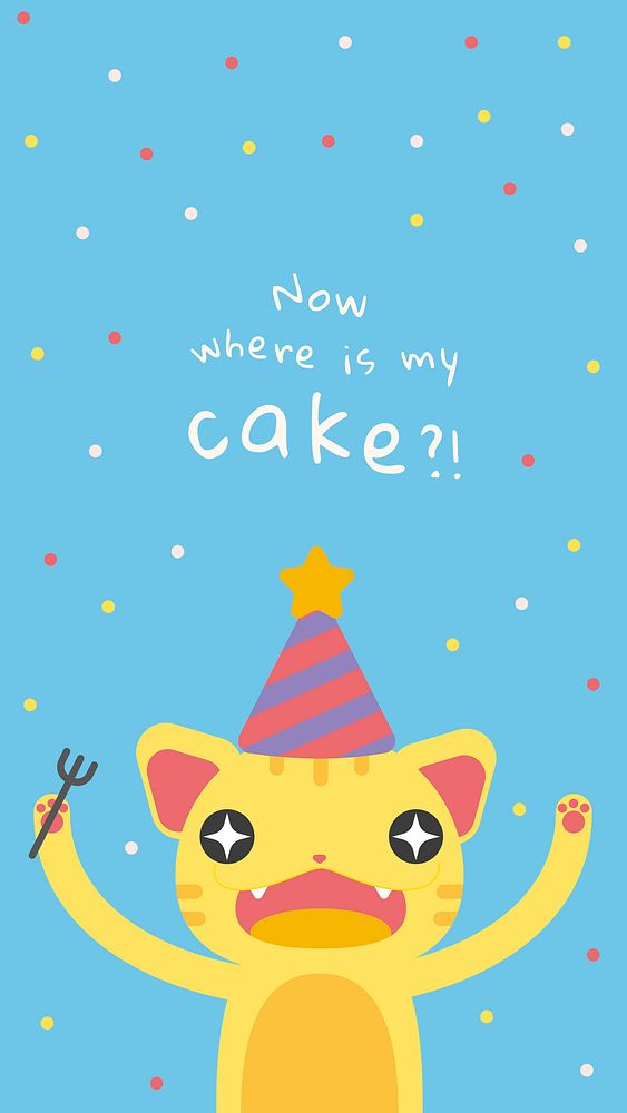 Kid's birthday greeting template vector with cute hungry cat cartoon
