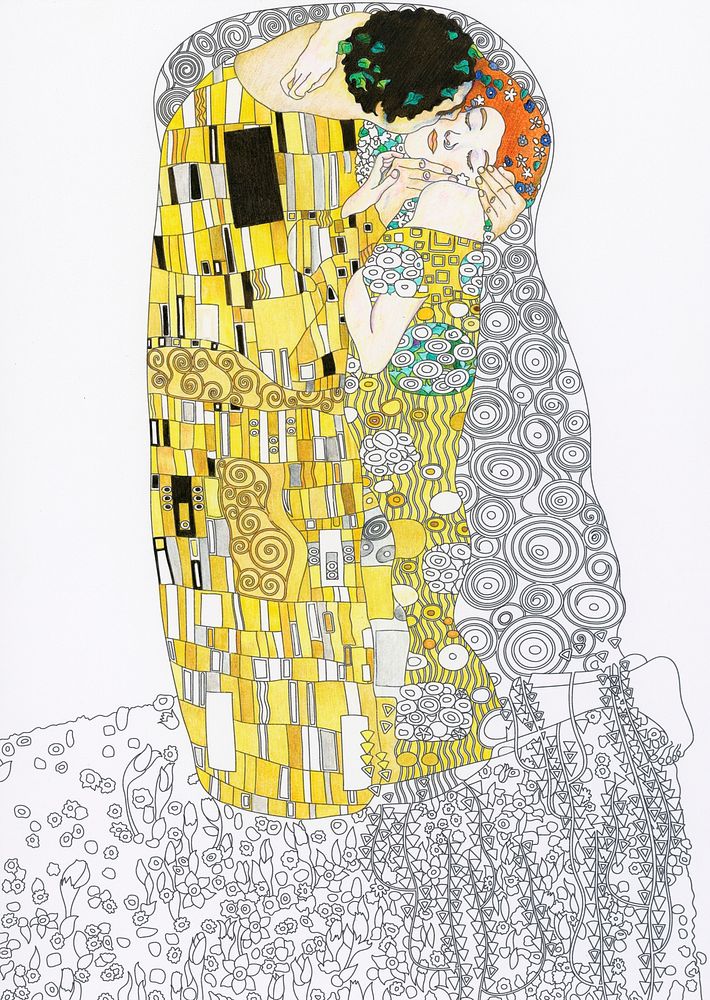 The kiss, painting by Gustav Klimt. Adult coloring page.