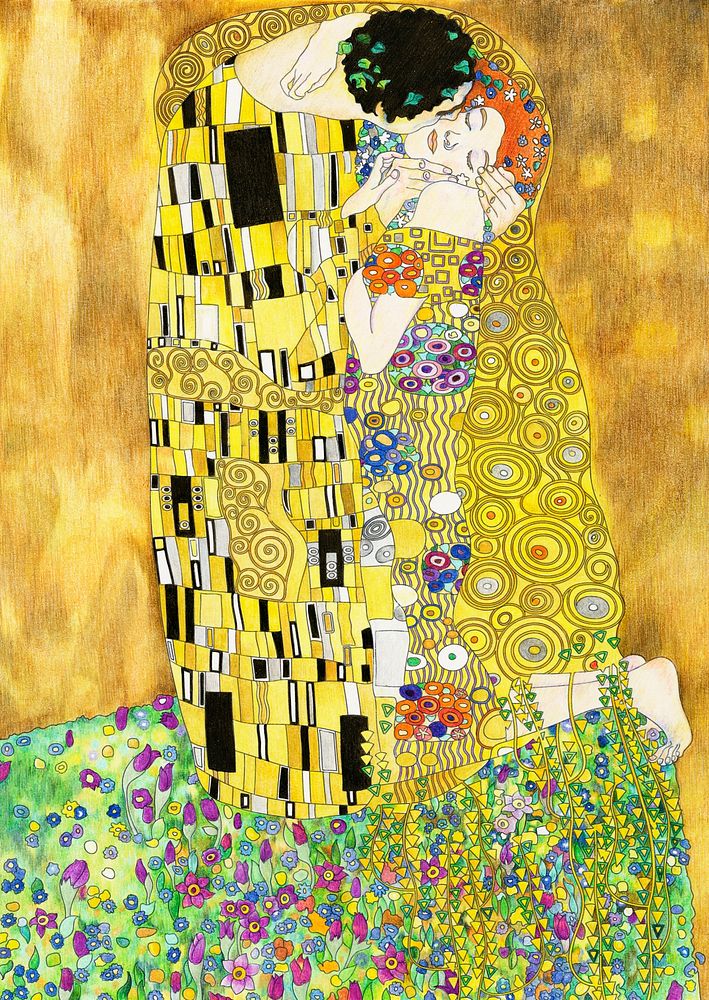 Gustav Klimt's The Kiss. Famous artwork adult coloring page.