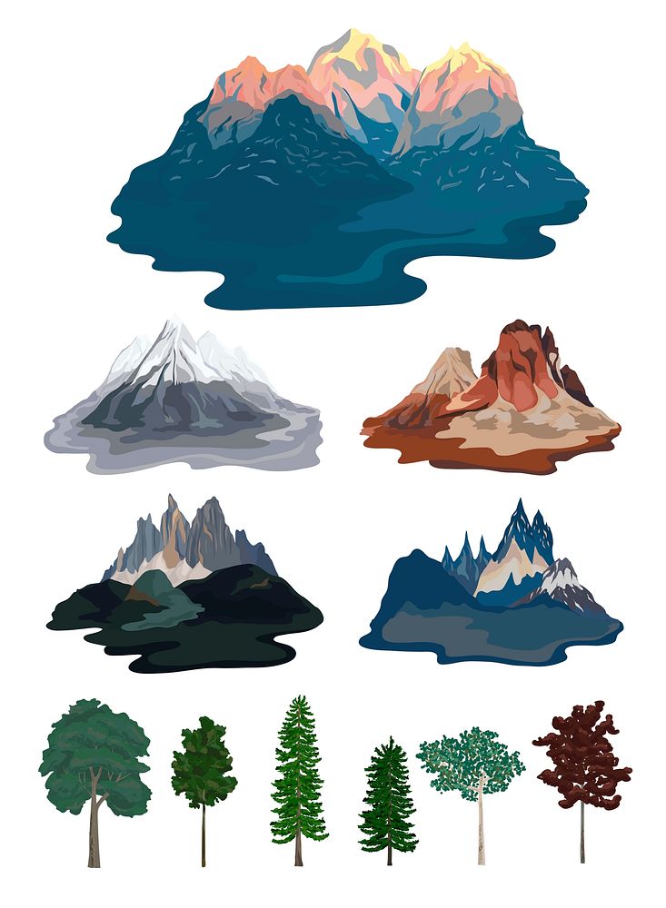 Collection of mountain and tree illustrations