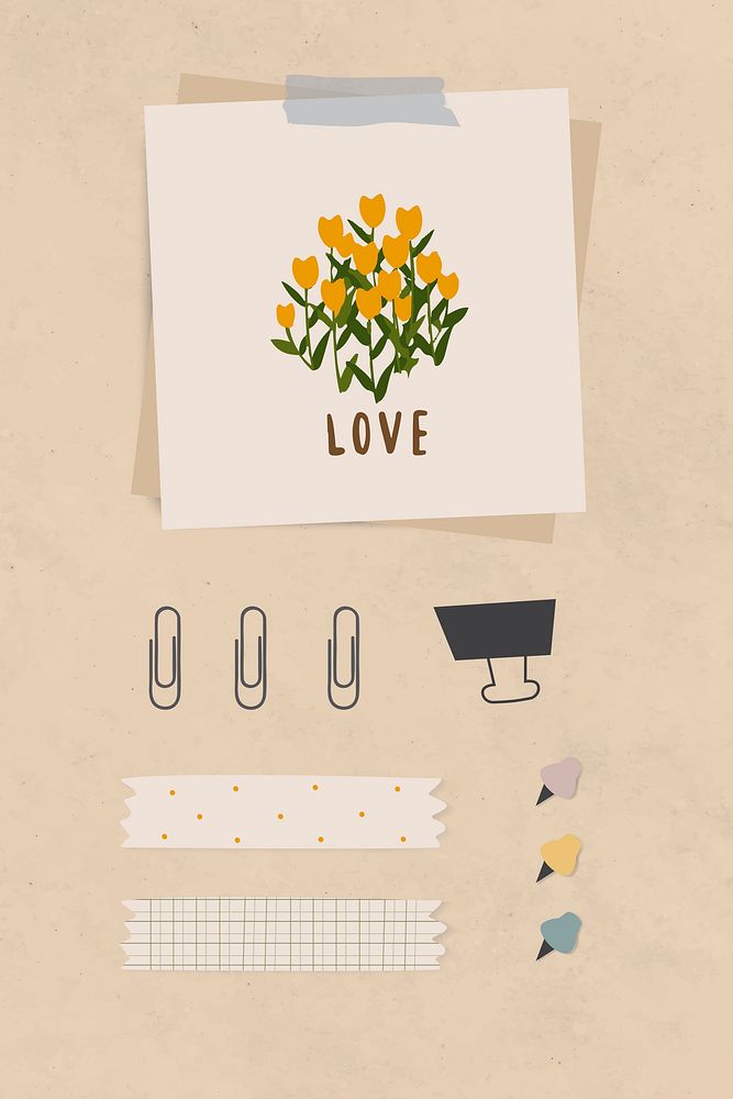 Love word message and flowers on notepaper with paper clips, binder clip and washi tape on light brown textured paper…