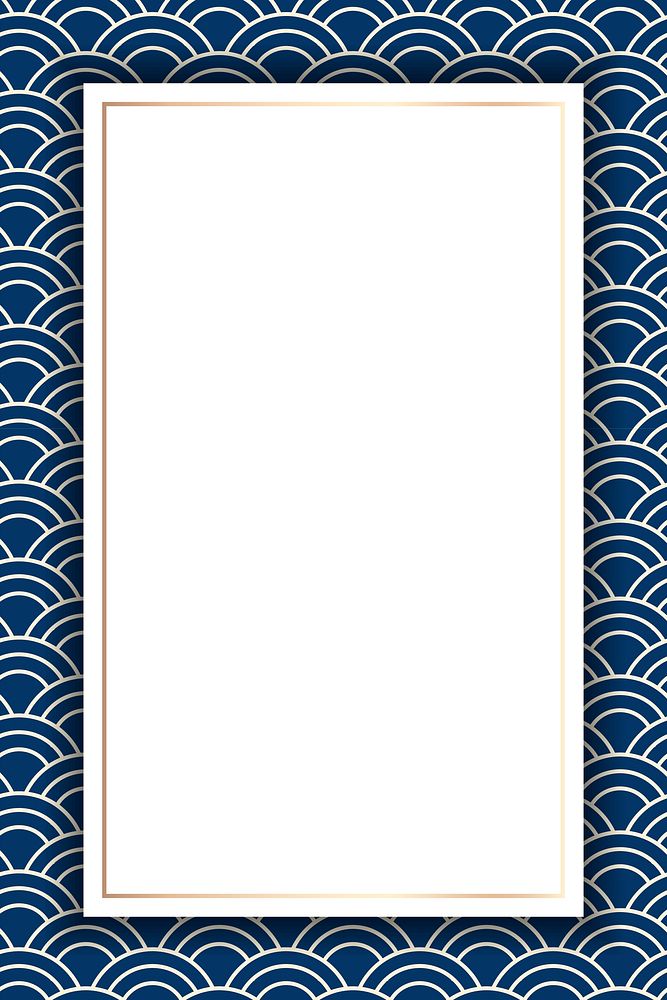 Gold frame on a blue Seigaiha Japanese seamless pattern vector