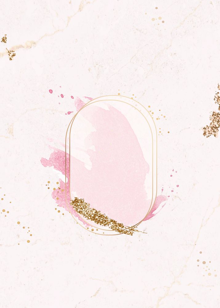 Gold oval frame on pink watercolor background vector