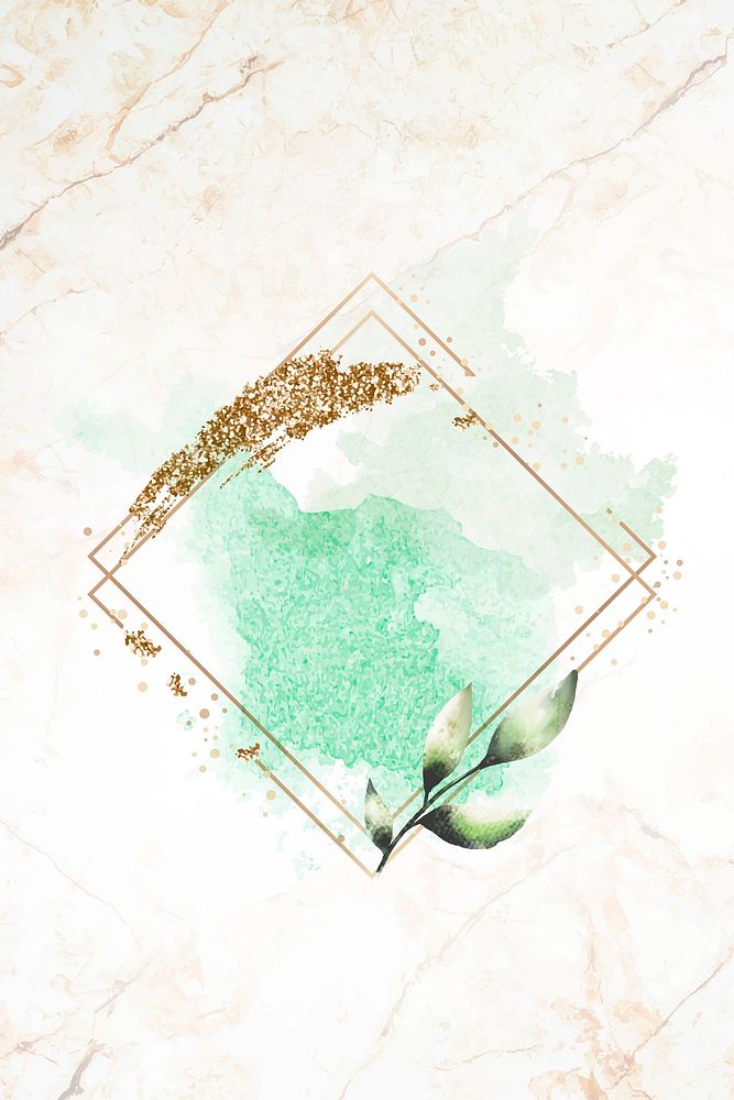 Gold rhombus frame on green watercolor background vector