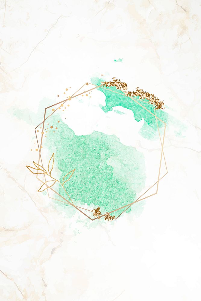 Gold hexagon frame on green watercolor background vector
