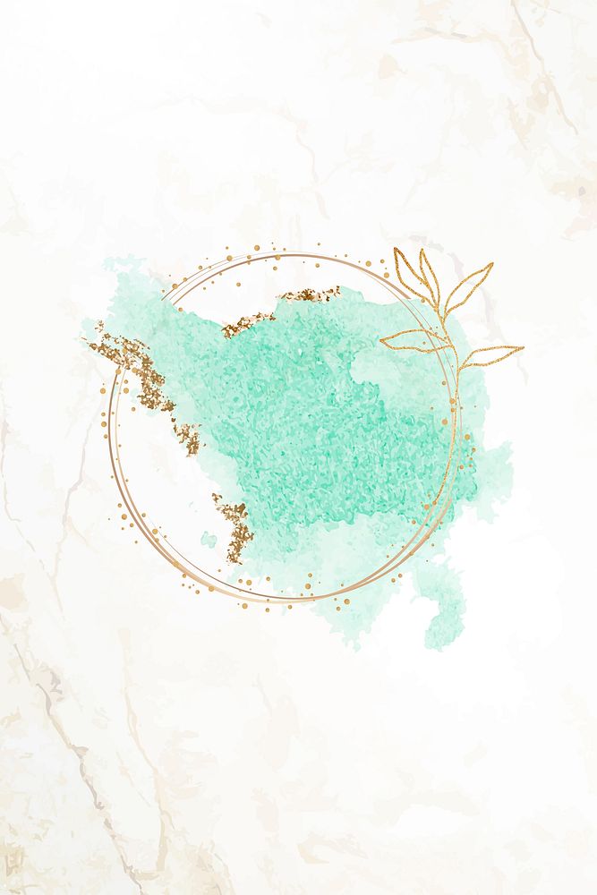 Gold round frame on green watercolor background vector