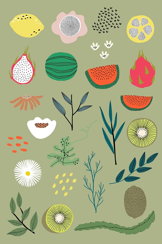 Fruit and vegetable elements on a green background vector