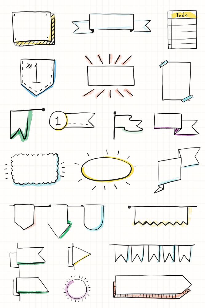 Hand drawn bullet journal doodle banners vector set
