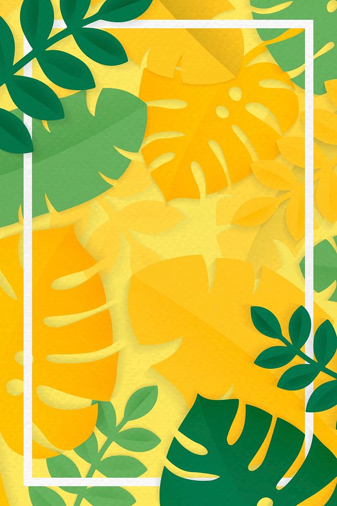 White rectangle frame on yellow tropical leaves patterned background vector