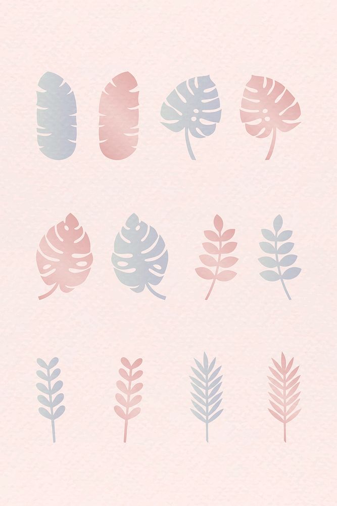 Pastel tropical leaves on pastel pink background vector collection