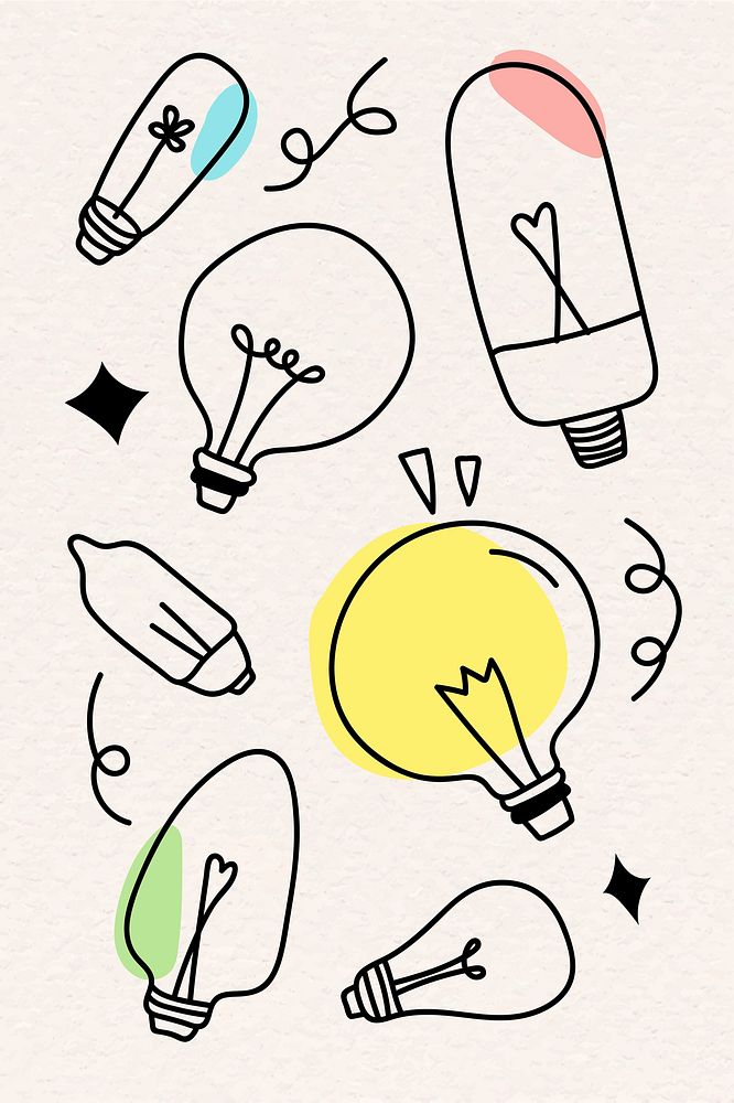 Creative light bulb doodle on beige background vector collection