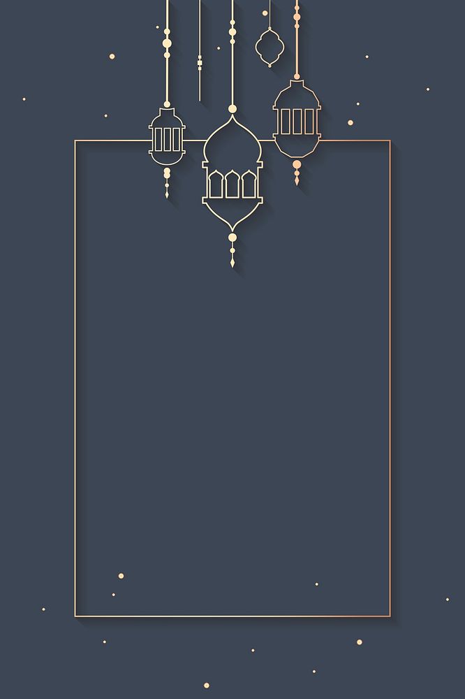 Blue Islamic rectangle frame with beautiful Ramadan lights