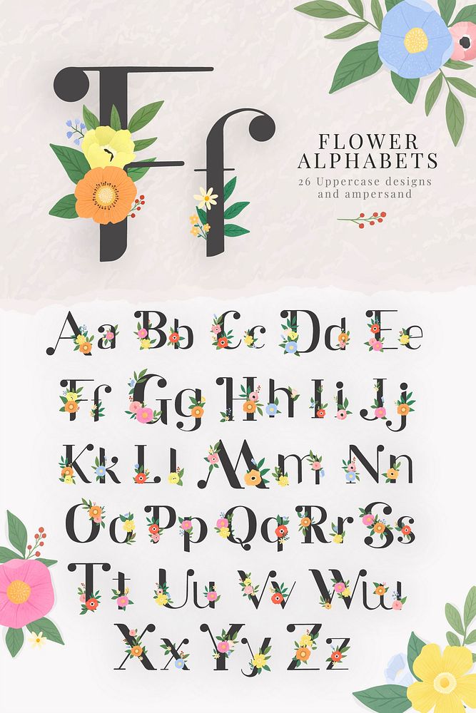 Elegant floral alphabet lettering vector set