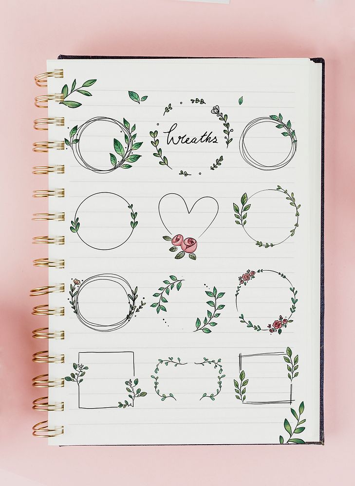 Doodle floral wreaths in a notebook