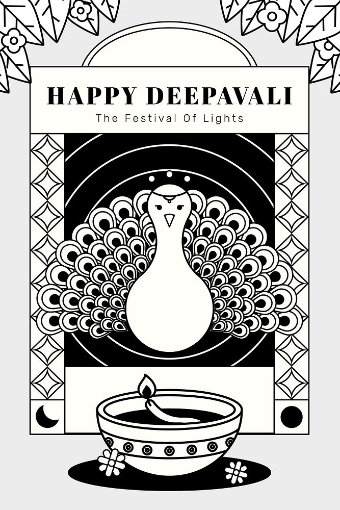 Happy Deepavali, the festival of lights greeting card with peacock vector