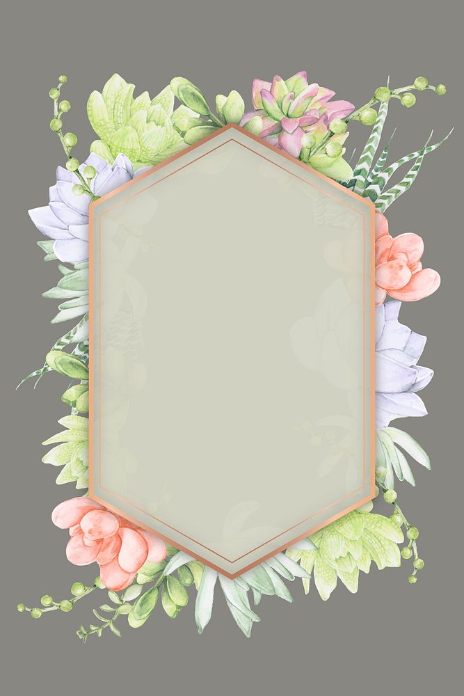 Hand drawn succulent hexagon frame template vector