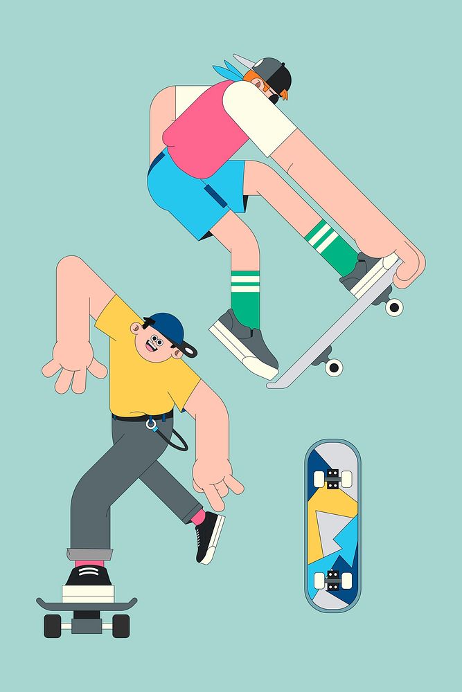 Young skateboarder characters on mint green background vector