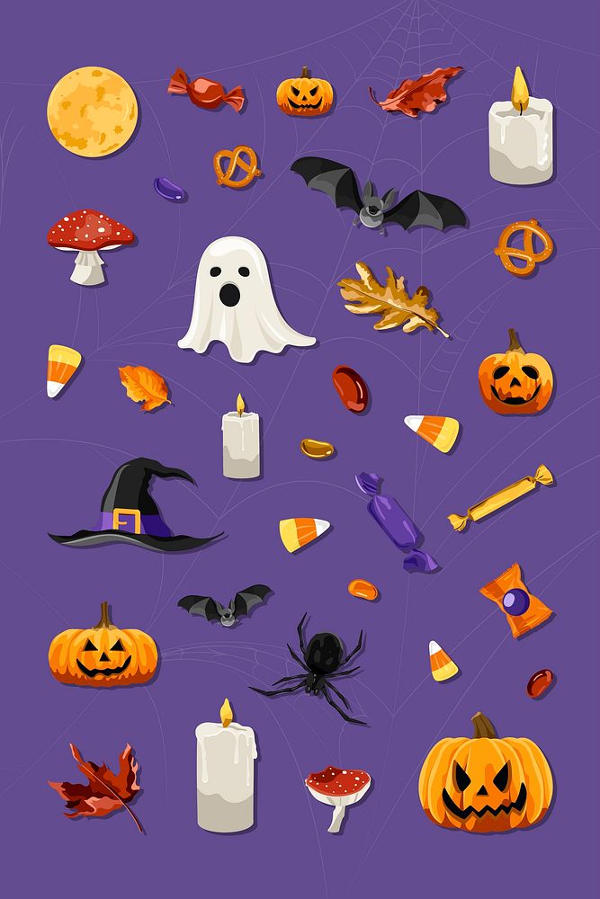Halloween elements set on purple background vector