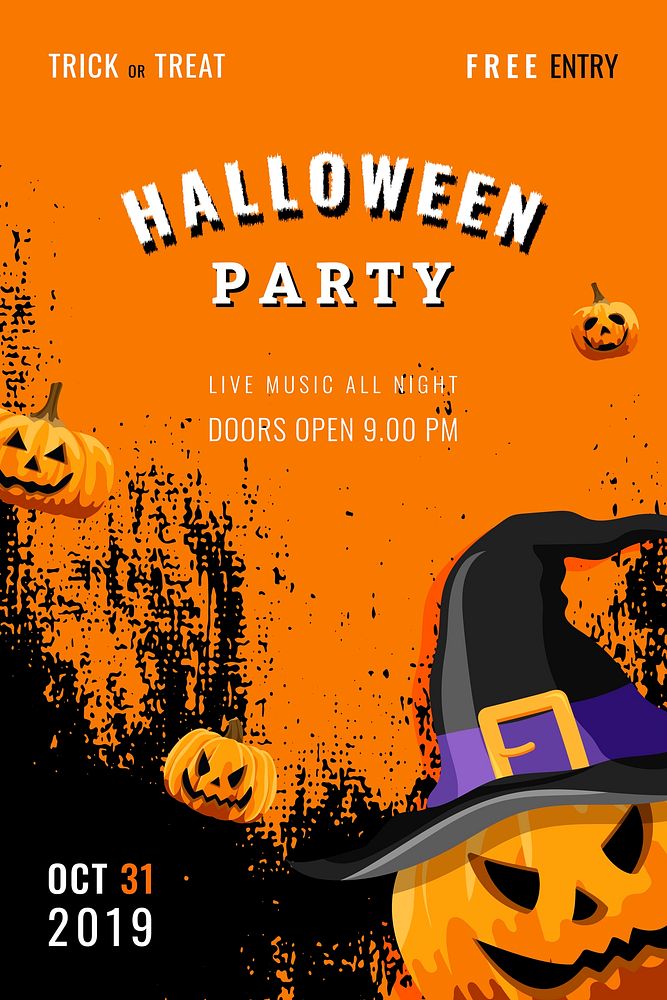 Halloween party grunge Jack O'Lantern pattern on orange poster template vector