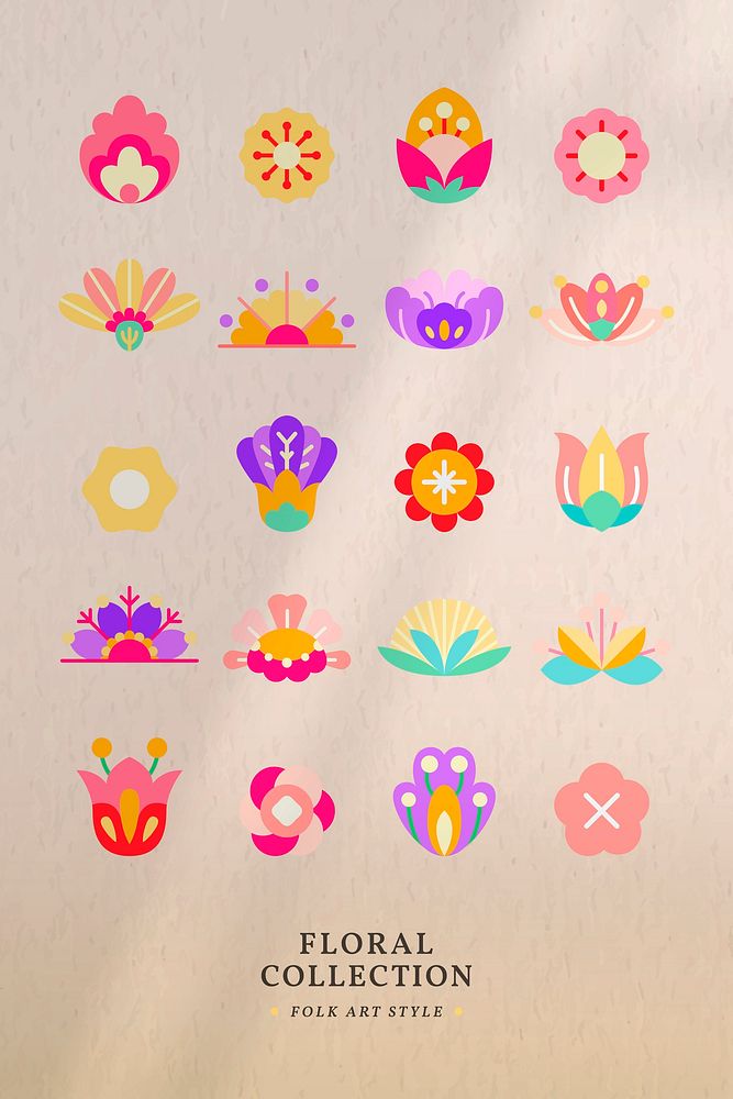 Flower folk art design elements vector set