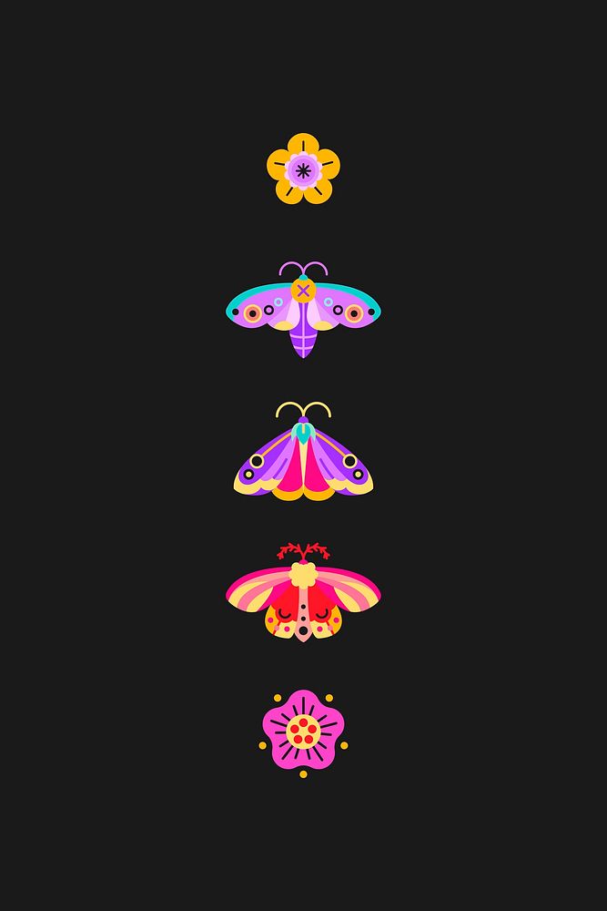 Flower and insect folk design elements on black background vector set