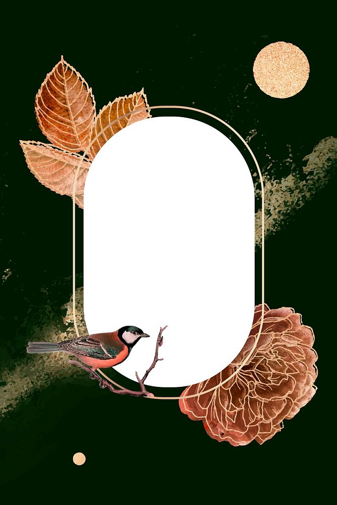 Blank golden floral frame with a bird vector