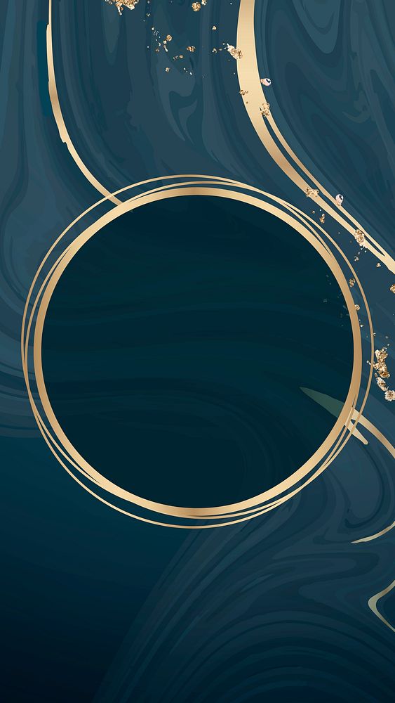 Round gold frame on a blue fluid patterned mobile phone wallpaper