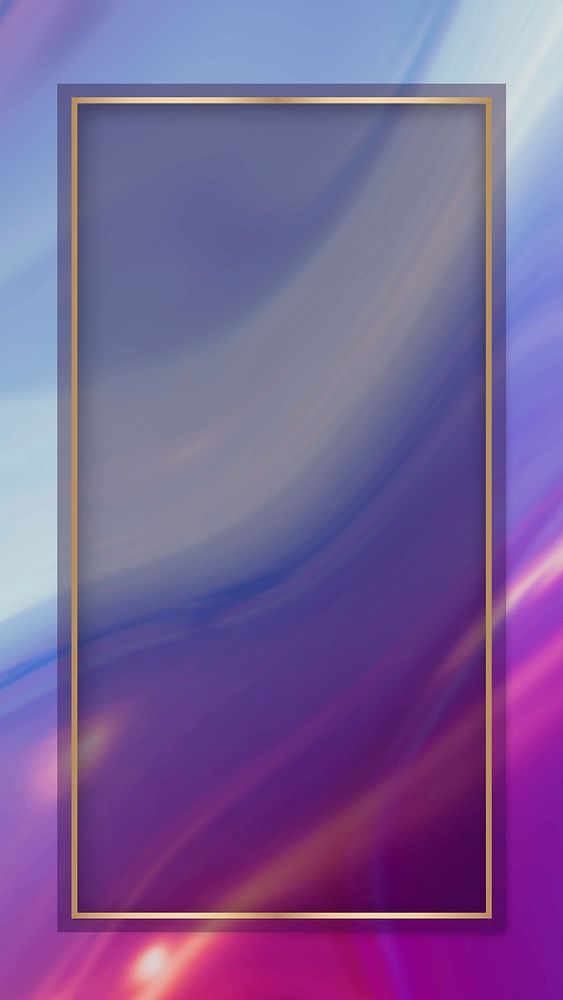Rectangle gold frame on blue and purple fluid patterned mobile phone wallpaper vector
