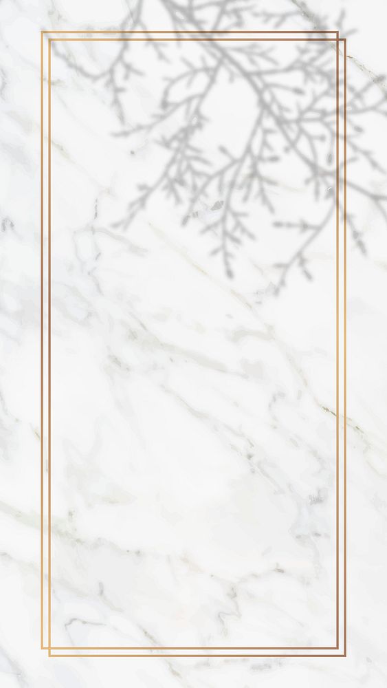 Rectangle gold frame with floral shadow on white marble background vector
