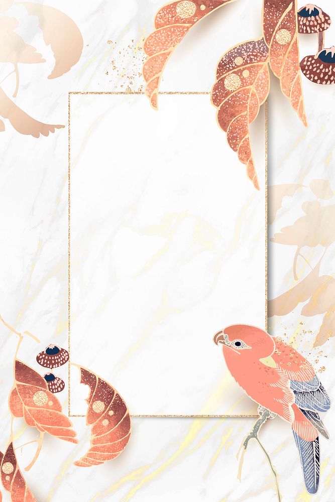 Gold frame with a parrot and leaf motifs on a white marble background vector