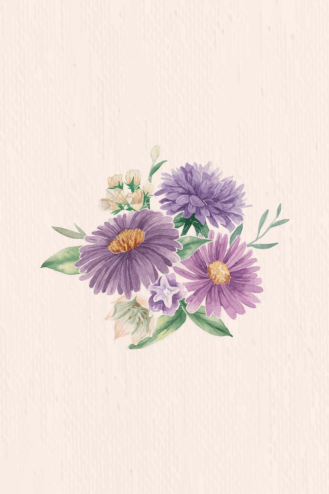 Purple flower elements on beige background vector set