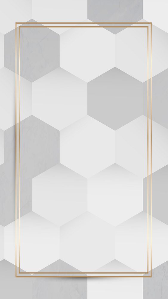 Gold frame on white and gray hexagon pattern background mobile phone wallpaper vector