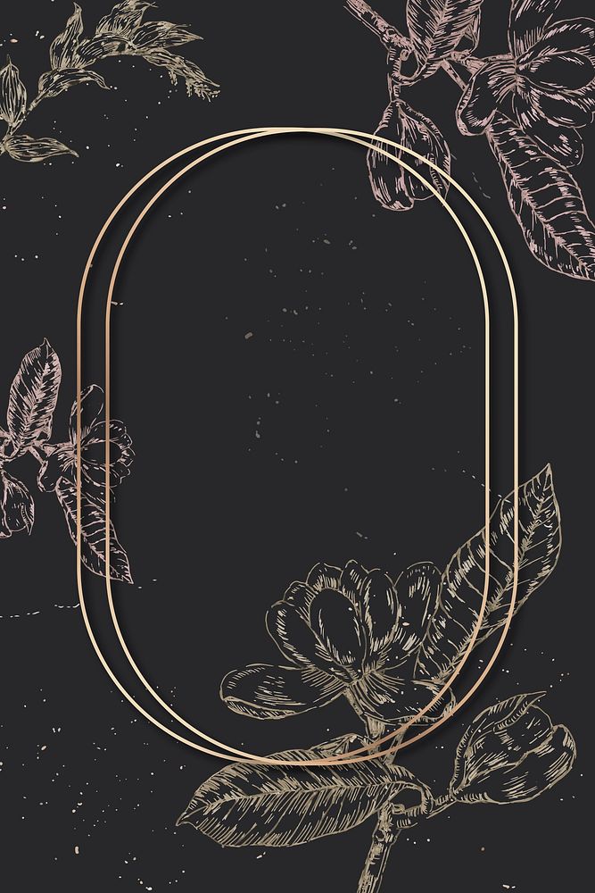 Blank oval golden frame with an outline flowers decoration on black background