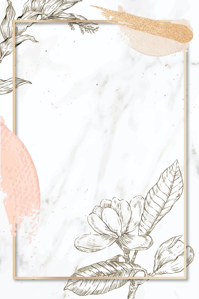 Rectangle frame with brush strokes and outline flowers decoration on marble background vector