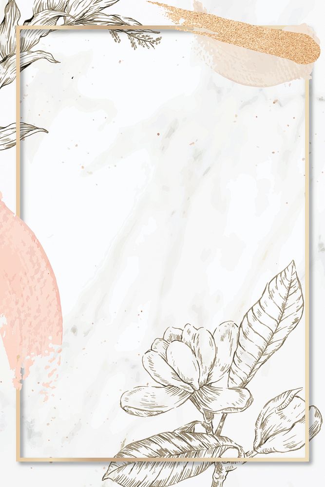 Rectangle frame with brush strokes and outline flowers decoration on marble background vector